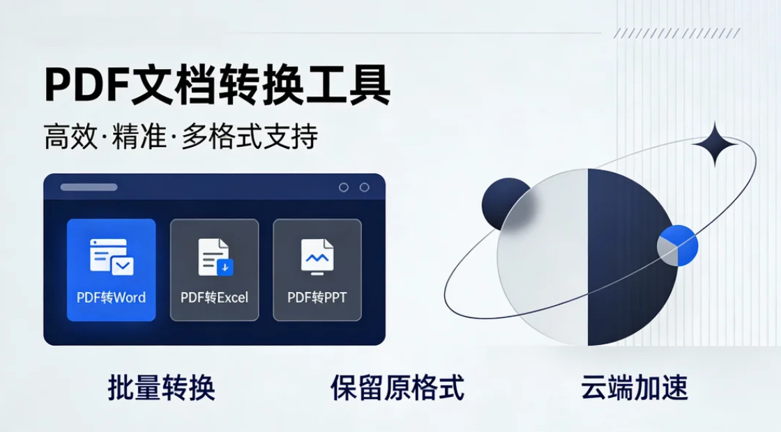 这是一张宣传PDF文档转换工具的图片，展示其支持PDF转Word、Excel和PPT的功能。界面简洁，突出高效、精准和多格式支持的特点，并强调批量转换、保留原格式和云端加速三大优势，右侧配以抽象星球图形增强科技感。