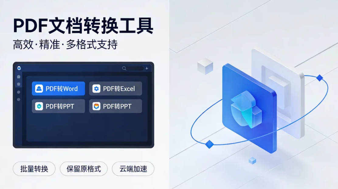 这是一张展示PDF文档转换工具的宣传图,左侧显示了软件界面,支持PDF转Word、Excel、PPT等功能,强调高效、精准和多格式支持。右侧为抽象的蓝色图标设计,象征数据转换与科技感。底部标注了批量转换、保留原格式和云端加速三大特性。