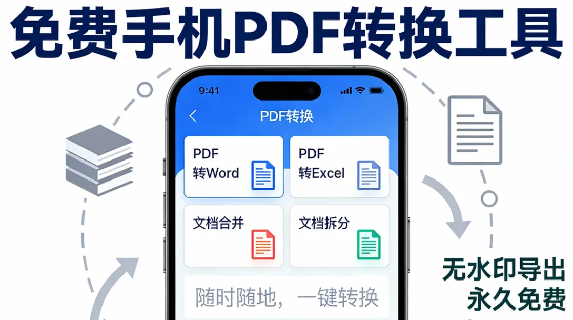 这是一张宣传免费手机PDF转换工具的广告图。图中展示了一部智能手机界面，提供PDF转Word、PDF转Excel、文档合并和拆分等功能。周围有图标表示文件操作流程，强调随时随地一键转换、无水印导出且永久免费的特点。