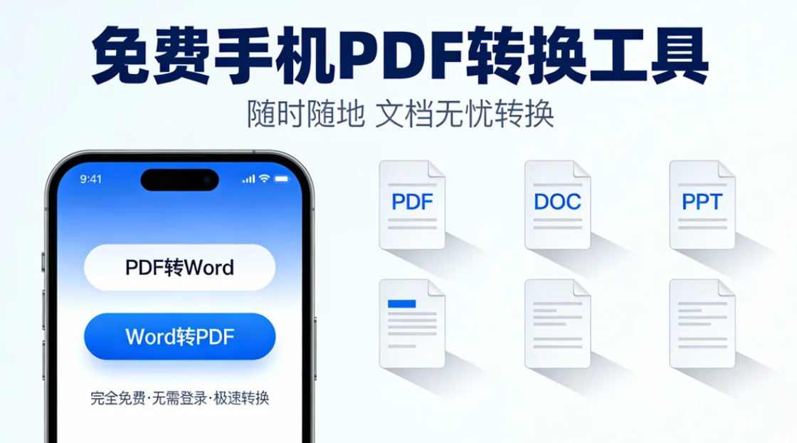 这是一张宣传免费手机PDF转换工具的广告图，展示了一款支持PDF与Word互转的应用界面。手机屏幕上显示两个主要功能按钮：PDF转Word和Word转PDF。右侧展示了多种文件格式图标，包括PDF、DOC、PPT等，强调随时随地无忧转换文档，完全免费且无需登录。