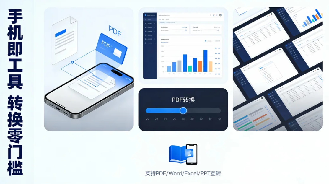 这张图片展示了一款手机端文档转换工具的功能，支持PDF、Word、Excel和PPT之间的相互转换。画面中包含手机界面、文件转换流程图、进度条以及多窗口办公场景，突出便捷性和高效性，强调零门槛操作体验。